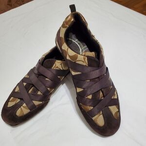 Coach Signature Slip-On Sneakers Brown Tan Canvas Leather Flats Size 7